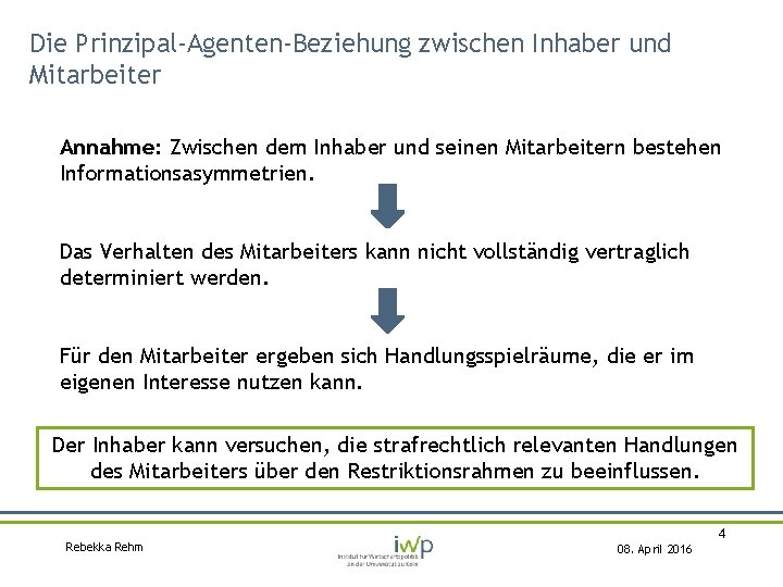 Die Prinzipal-Agenten-Beziehung zwischen Inhaber und Mitarbeiter Annahme: Zwischen dem Inhaber und seinen Mitarbeitern bestehen