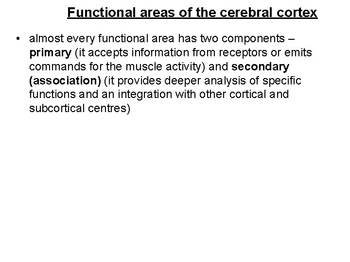 Functional areas of the cerebral cortex • almost every functional area has two components