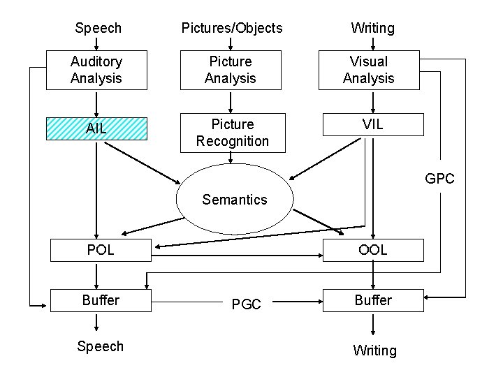 Speech Pictures/Objects Writing Auditory Analysis Picture Analysis Visual Analysis AIL Picture Recognition VIL GPC