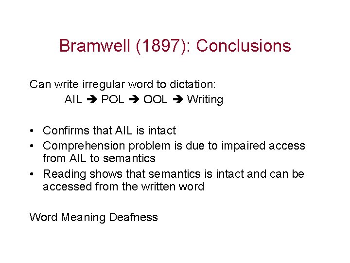 Bramwell (1897): Conclusions Can write irregular word to dictation: AIL POL OOL Writing •