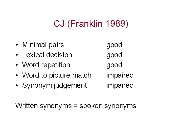CJ (Franklin 1989) • • • Minimal pairs Lexical decision Word repetition Word to