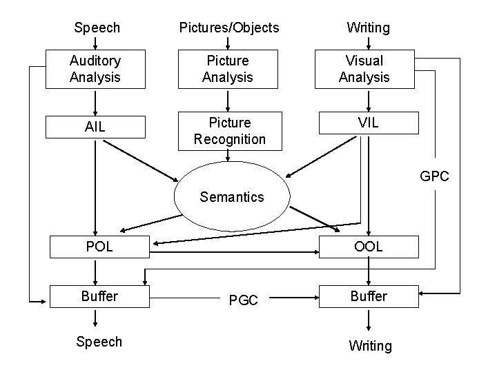 Speech Pictures/Objects Writing Auditory Analysis Picture Analysis Visual Analysis AIL Picture Recognition VIL GPC