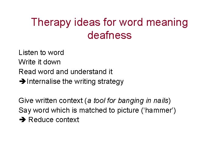 Therapy ideas for word meaning deafness Listen to word Write it down Read word