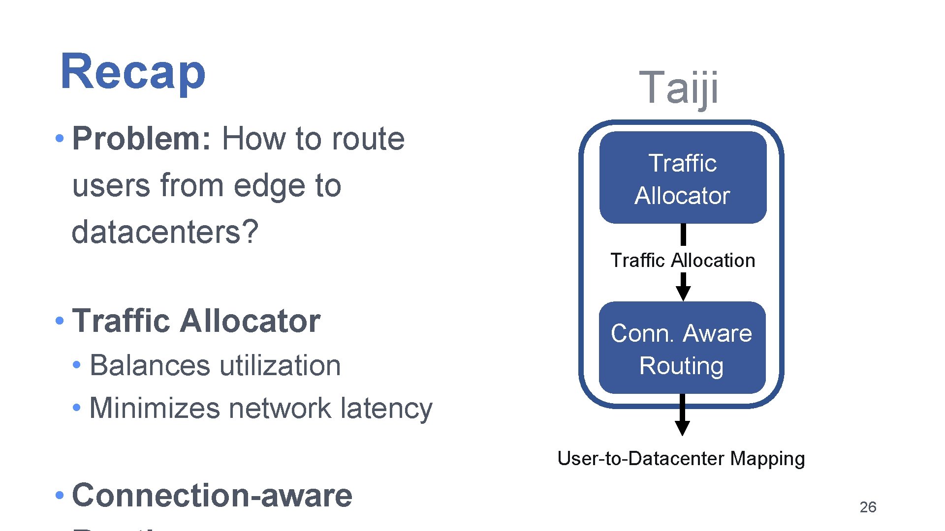 Recap • Problem: How to route users from edge to datacenters? • Traffic Allocator