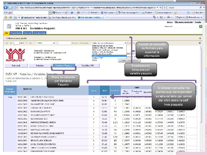 Sección de selección de formato para exportar la información. Menú de consulta por Variables