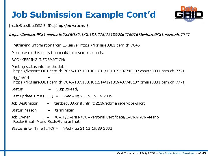 Job Submission Example Cont’d [reale@testbed 002 Eli. JDL]$ dg-job-status  https: //lxshare 0381. cern.