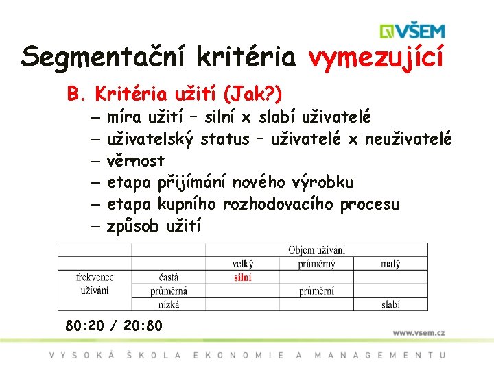 Segmentační kritéria vymezující B. Kritéria užití (Jak? ) – – – míra užití –