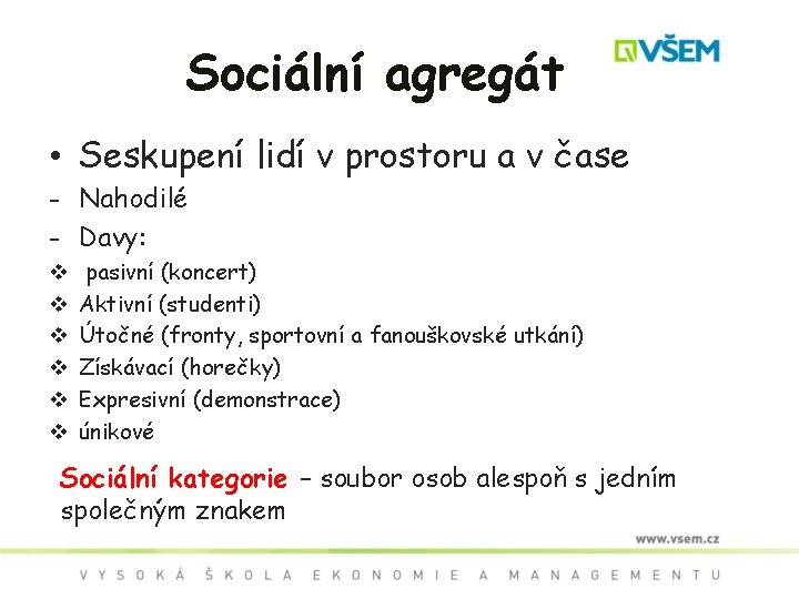 Sociální agregát • Seskupení lidí v prostoru a v čase - Nahodilé - Davy: