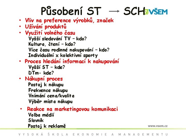 Působení ST • Vliv na preference výrobků, značek • Užívání produktů • Využití volného