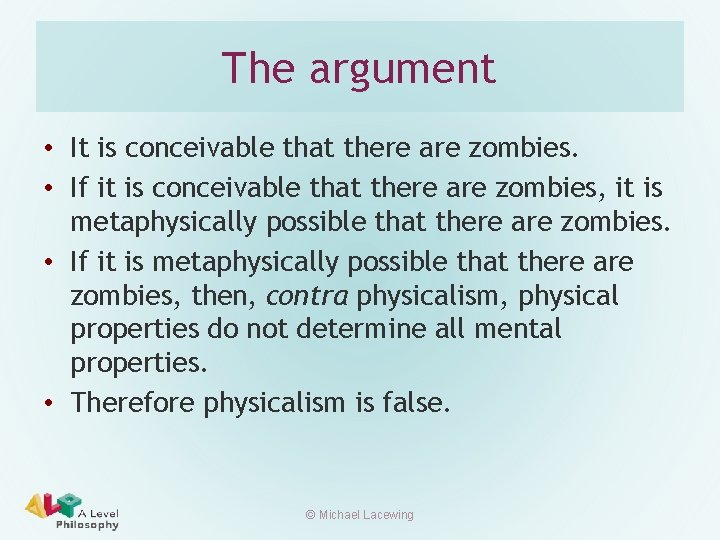 The argument • It is conceivable that there are zombies. • If it is