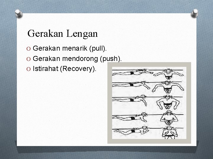 Gerakan Lengan O Gerakan menarik (pull). O Gerakan mendorong (push). O Istirahat (Recovery). 