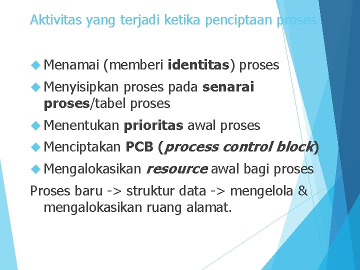 Aktivitas yang terjadi ketika penciptaan proses Menamai (memberi identitas) proses Menyisipkan proses pada senarai