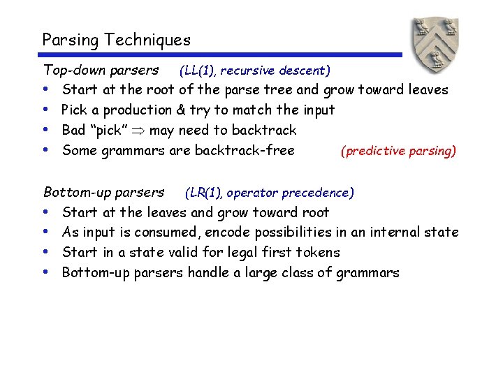 Parsing Techniques Top-down parsers (LL(1), recursive descent) • Start at the root of the