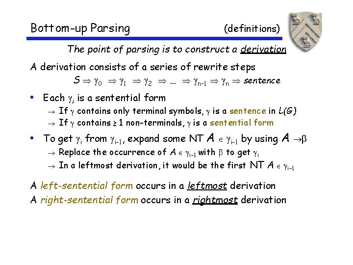 Bottom-up Parsing (definitions) The point of parsing is to construct a derivation A derivation