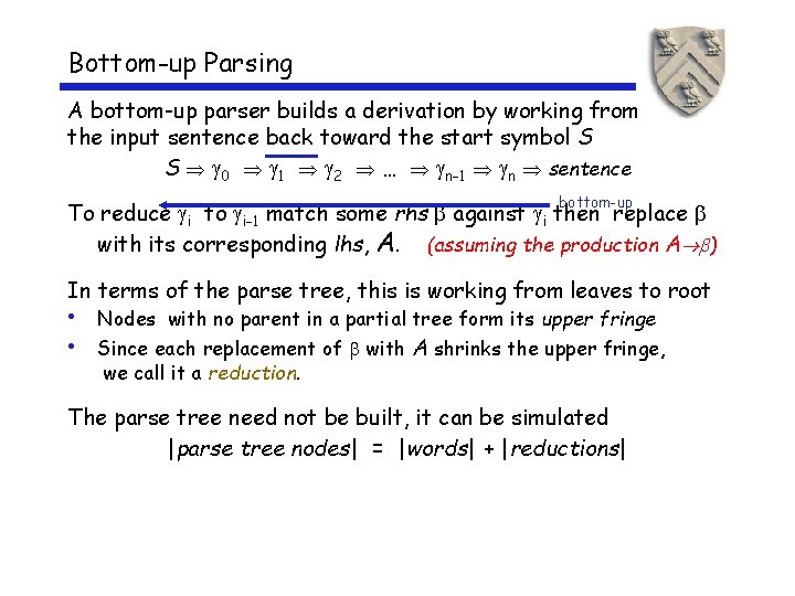 Bottom-up Parsing A bottom-up parser builds a derivation by working from the input sentence