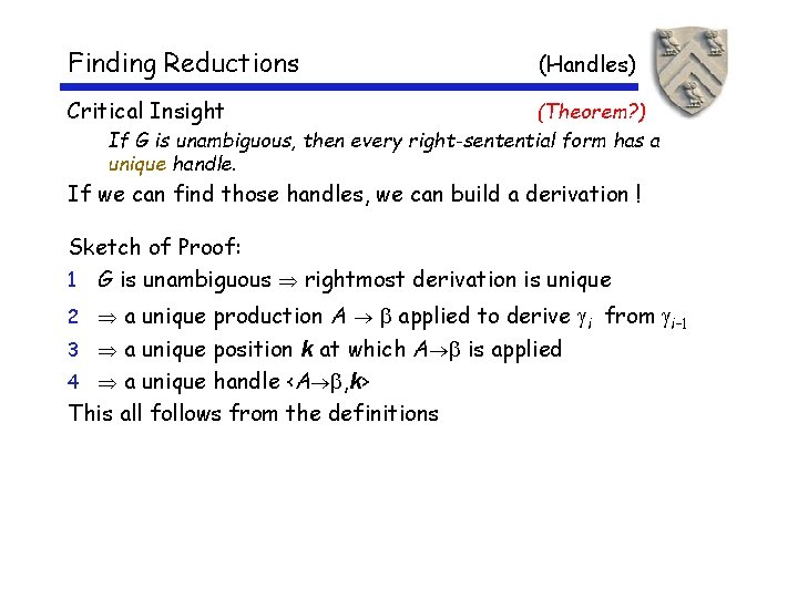 Finding Reductions (Handles) Critical Insight (Theorem? ) If G is unambiguous, then every right-sentential