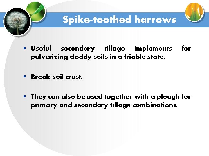 Spike-toothed harrows § Useful secondary tillage implements pulverizing cloddy soils in a friable state.