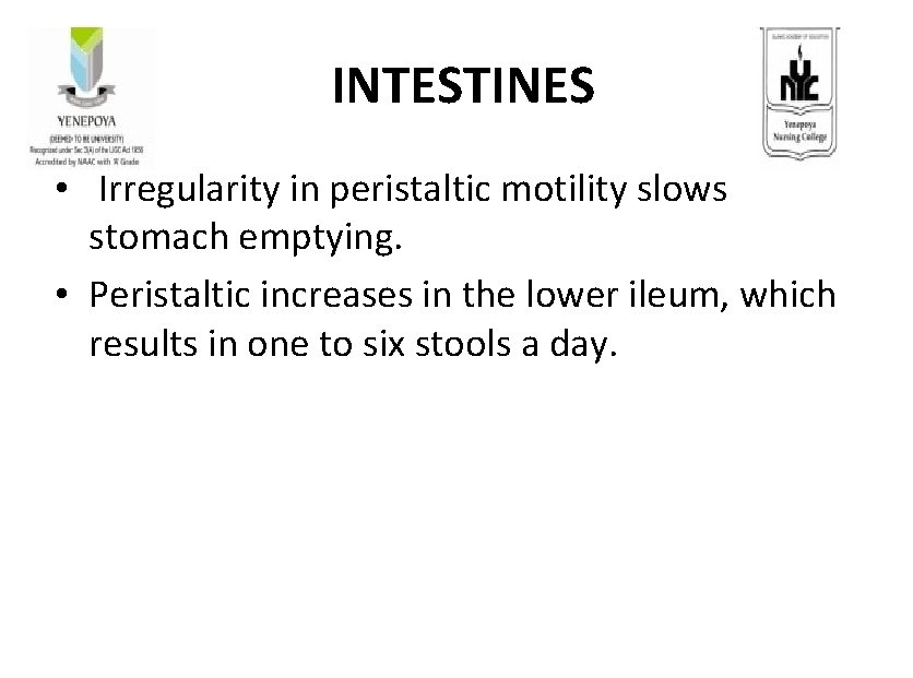  INTESTINES • Irregularity in peristaltic motility slows stomach emptying. • Peristaltic increases in