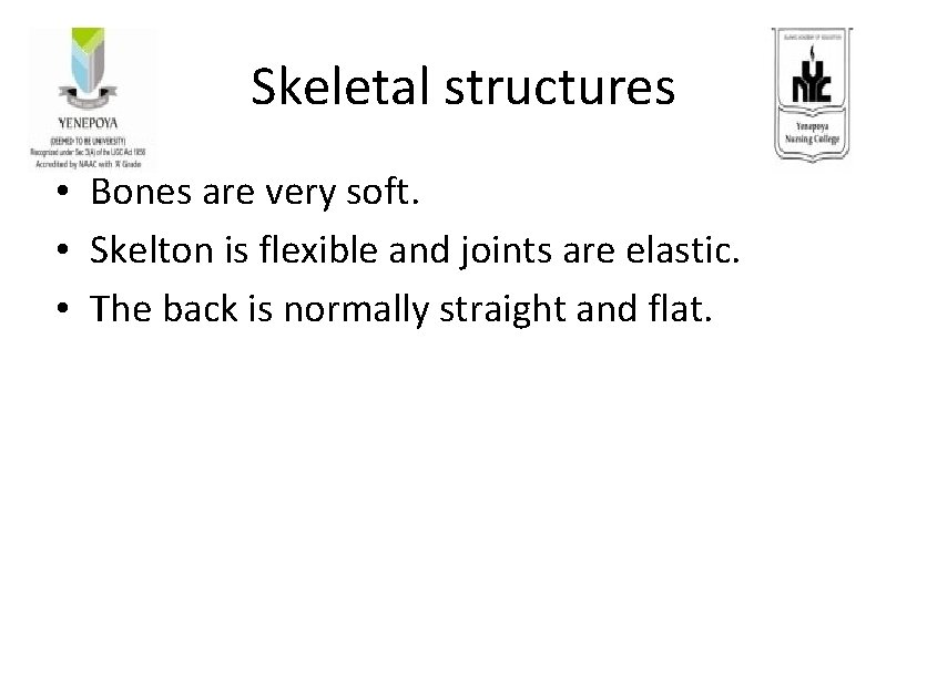 Skeletal structures • Bones are very soft. • Skelton is flexible and joints are