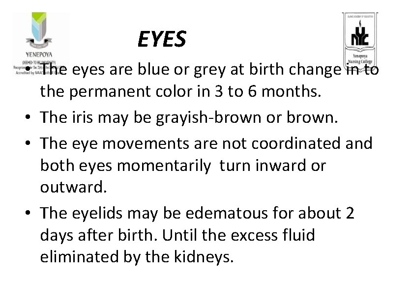 EYES • The eyes are blue or grey at birth change in to