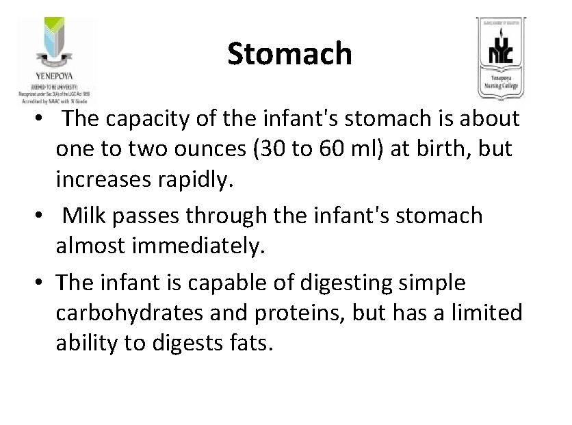  Stomach • The capacity of the infant's stomach is about one to two