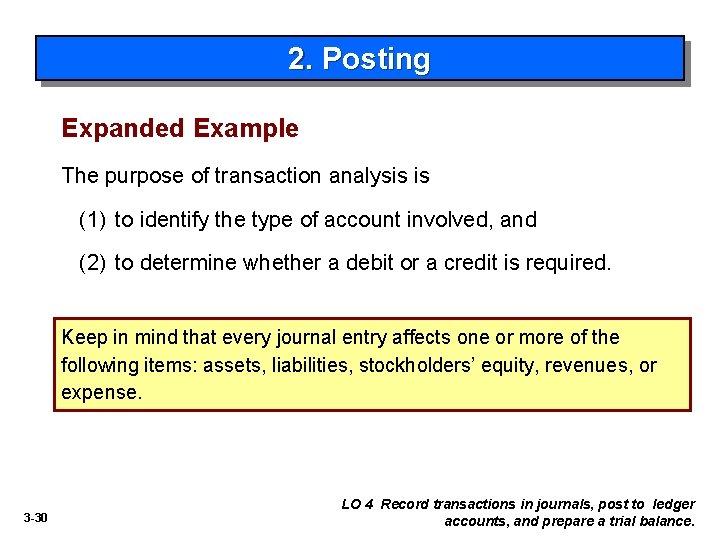 2. Posting Expanded Example The purpose of transaction analysis is (1) to identify the