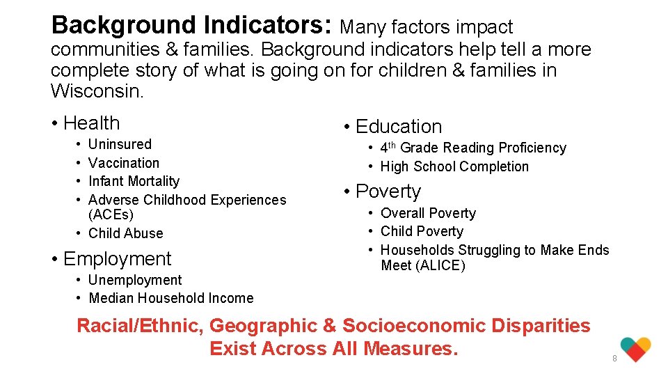 Background Indicators: Many factors impact communities & families. Background indicators help tell a more