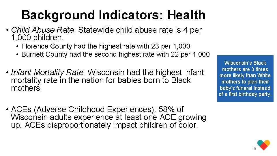 Background Indicators: Health • Child Abuse Rate: Statewide child abuse rate is 4 per