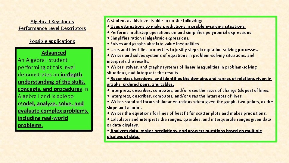Algebra I Keystones Performance Level Descriptors Possible applications Advanced An Algebra I student performing