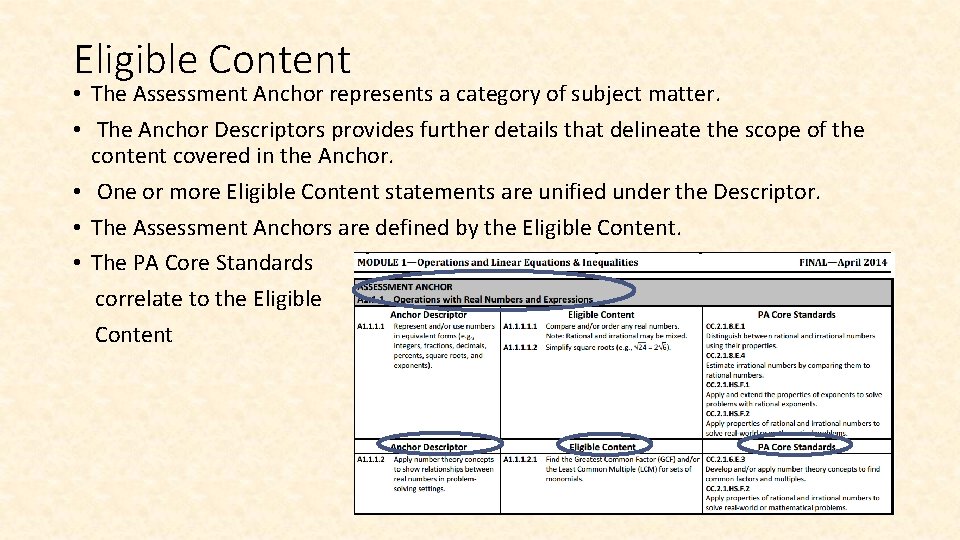 Eligible Content • The Assessment Anchor represents a category of subject matter. • The