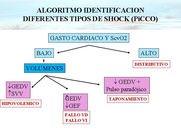 ALGORITMO IDENTIFICACION DIFERENTES TIPOS DE SHOCK (Pi. CCO) GASTO CARDIACO Y Scv. O 2