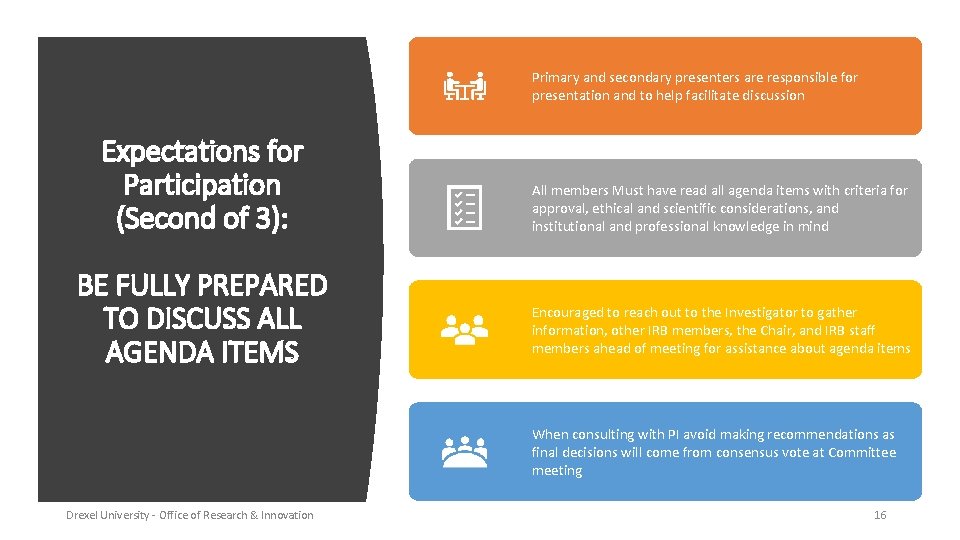 Primary and secondary presenters are responsible for presentation and to help facilitate discussion Expectations