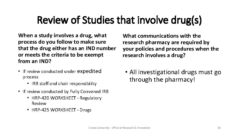 Review of Studies that involve drug(s) When a study involves a drug, what process