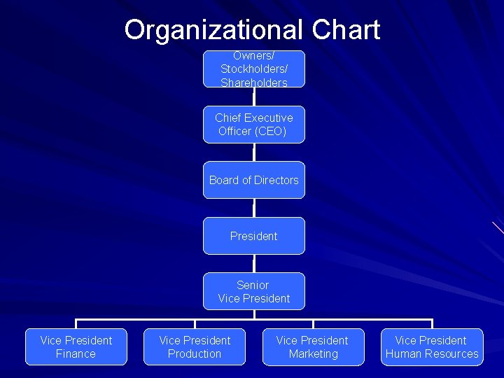Organizational Chart Owners/ Stockholders/ Shareholders Chief Executive Officer (CEO) Board of Directors President Senior