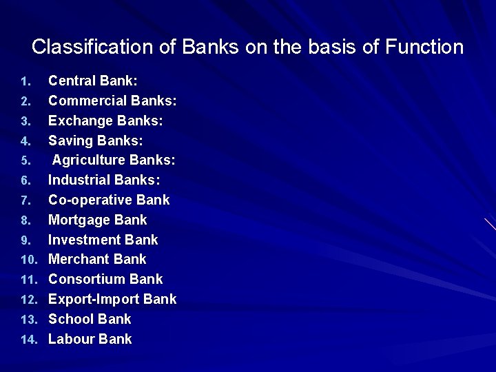 Classification of Banks on the basis of Function 1. 2. 3. 4. 5. 6.