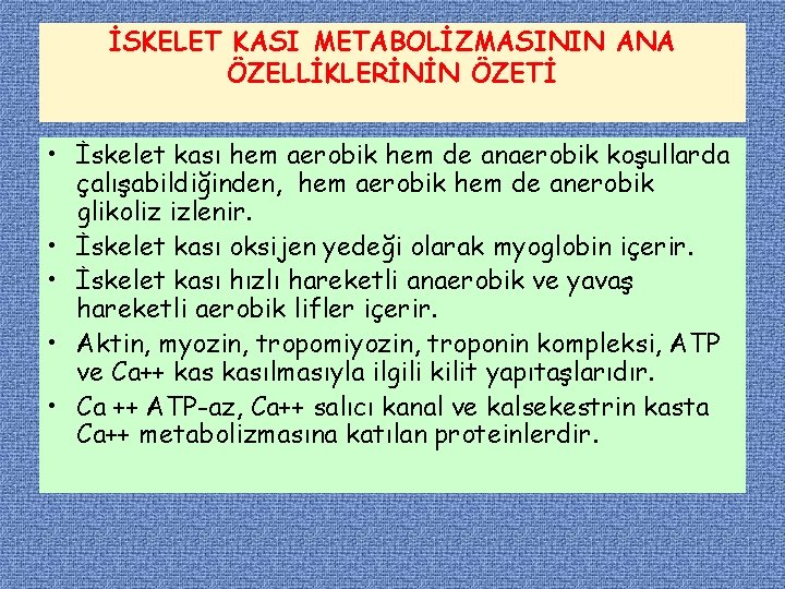 İSKELET KASI METABOLİZMASININ ANA ÖZELLİKLERİNİN ÖZETİ • İskelet kası hem aerobik hem de anaerobik