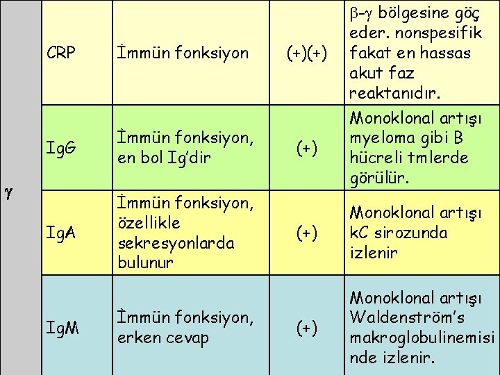 CRP İmmün fonksiyon Ig. G İmmün fonksiyon, en bol Ig’dir Ig. A İmmün fonksiyon,