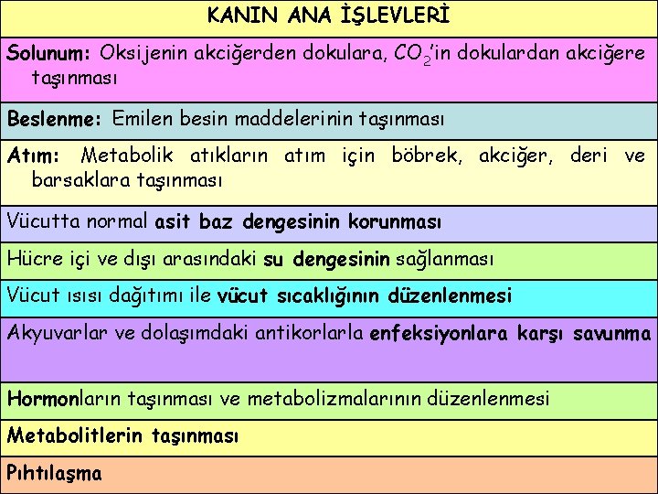 KANIN ANA İŞLEVLERİ Solunum: Oksijenin akciğerden dokulara, CO 2’in dokulardan akciğere taşınması Beslenme: Emilen