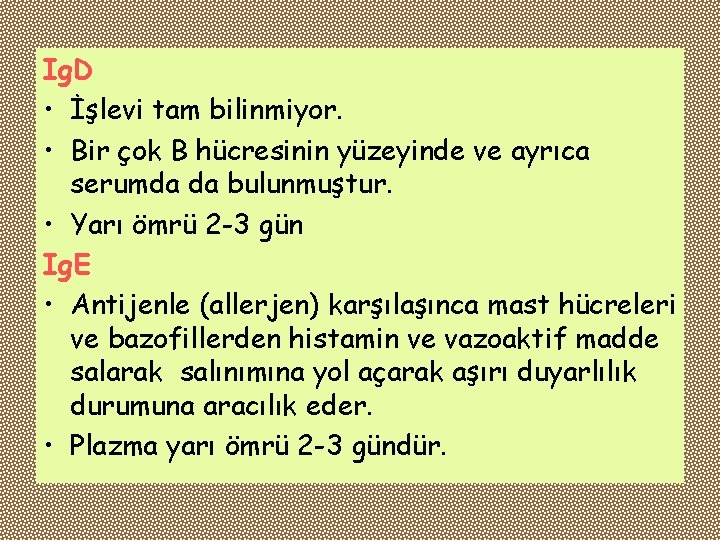 Ig. D • İşlevi tam bilinmiyor. • Bir çok B hücresinin yüzeyinde ve ayrıca