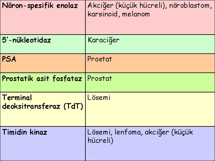 Nöron-spesifik enolaz Akciğer (küçük hücreli), nöroblastom, karsinoid, melanom 5’-nükleotidaz Karaciğer PSA Prostatik asit fosfataz