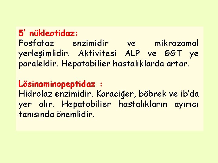 5’ nükleotidaz: Fosfataz enzimidir ve mikrozomal yerleşimlidir. Aktivitesi ALP ve GGT ye paraleldir. Hepatobilier