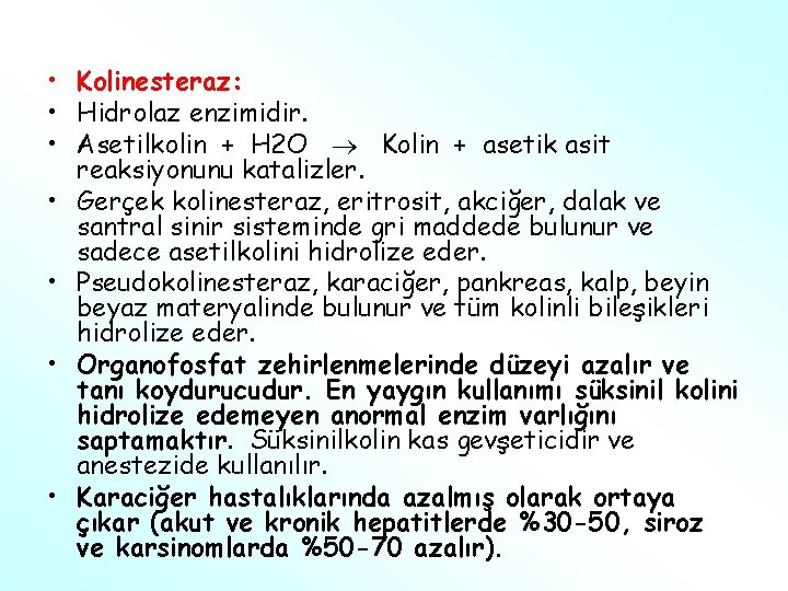  • Kolinesteraz: • Hidrolaz enzimidir. • Asetilkolin + H 2 O Kolin +