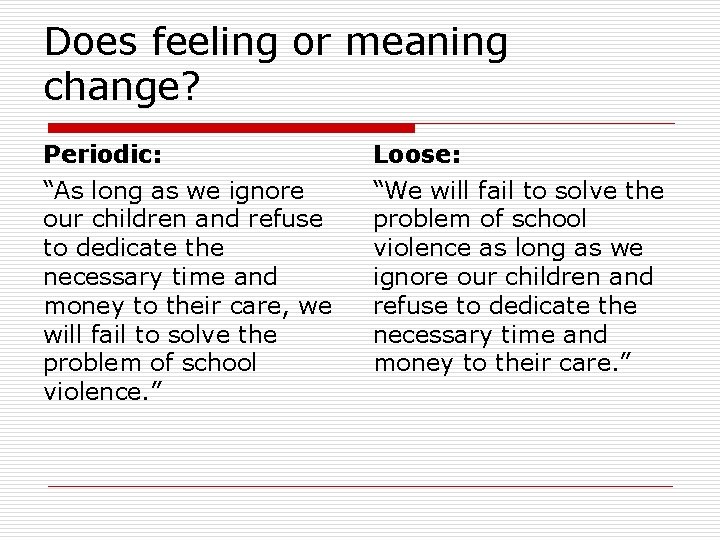 Does feeling or meaning change? Periodic: Loose: “As long as we ignore our children