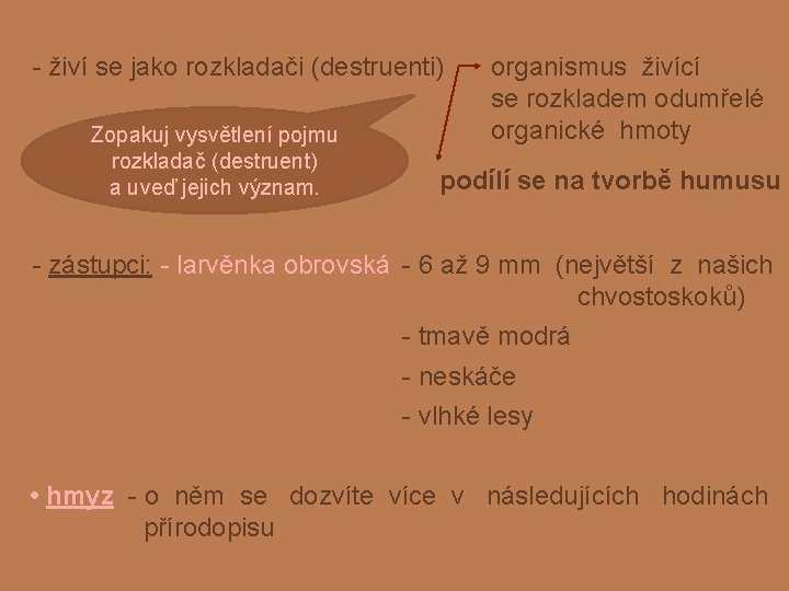 - živí se jako rozkladači (destruenti) Zopakuj vysvětlení pojmu rozkladač (destruent) a uveď jejich