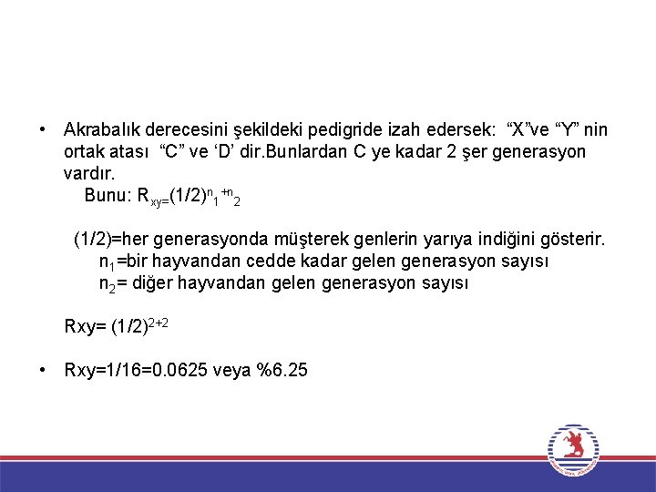  • Akrabalık derecesini şekildeki pedigride izah edersek: “X”ve “Y” nin ortak atası “C”