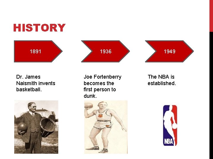HISTORY 1891 Dr. James Naismith invents basketball. 1936 Joe Fortenberry becomes the first person