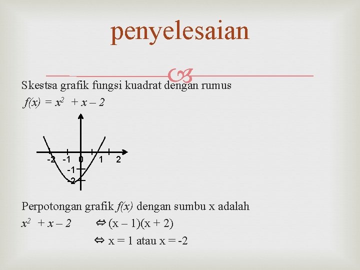 penyelesaian Skestsa grafik fungsi kuadrat dengan rumus f(x) = x 2 + x –