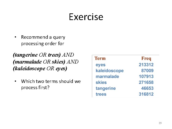 Exercise • Recommend a query processing order for (tangerine OR trees) AND (marmalade OR