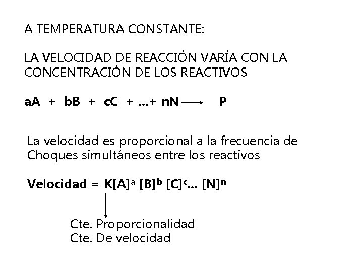 A TEMPERATURA CONSTANTE: LA VELOCIDAD DE REACCIÓN VARÍA CON LA CONCENTRACIÓN DE LOS REACTIVOS