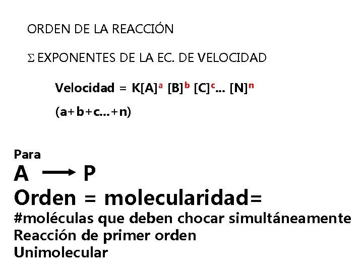 ORDEN DE LA REACCIÓN S EXPONENTES DE LA EC. DE VELOCIDAD Velocidad = K[A]a